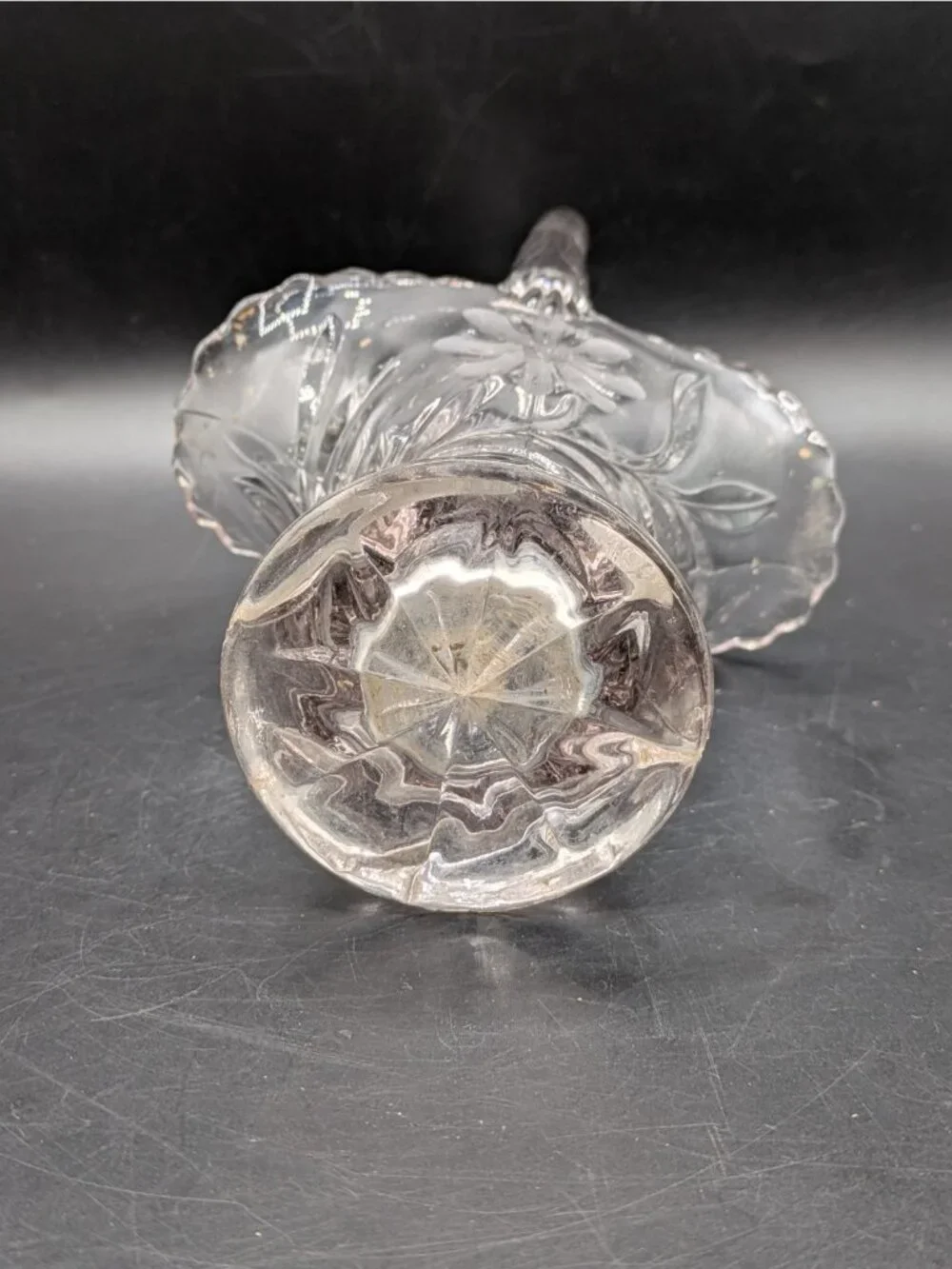 Vintage Duncan Miller Cornflower Clear Cut Etched Glass Bride's Basket Vase 9